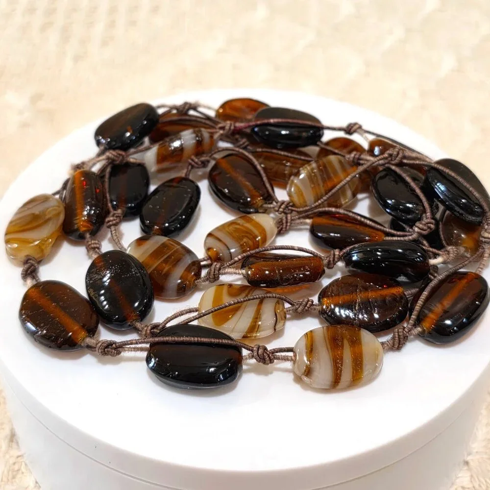 Artisan BOHO Earth Colors Rootbeer Brown Stripe Amber Art Glass Long Necklace